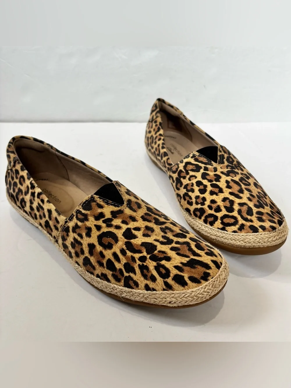 CLARKS Tan Leopard Print Suede Danelly Sky Espadrille Perforated Slip On Flats